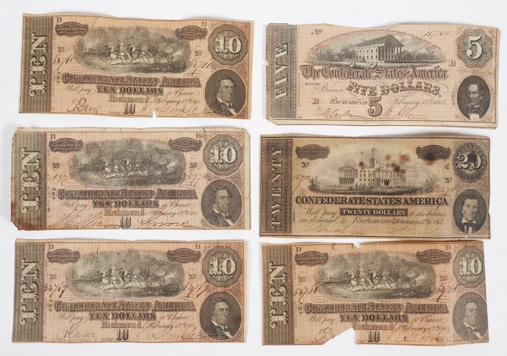 Appraisal: Six pieces of authentic Confederate States currency including three a