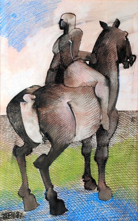 Appraisal: GEOFFREY KEY b MIXED MEDIA Horse and rider signed and