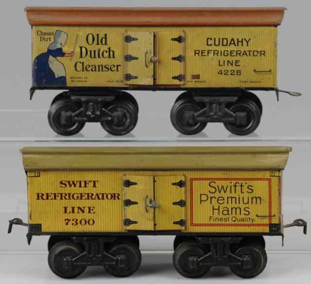 Appraisal: BING ADVERTISING BOX CARS Gauge lithographed tin includes ''Old Dutch