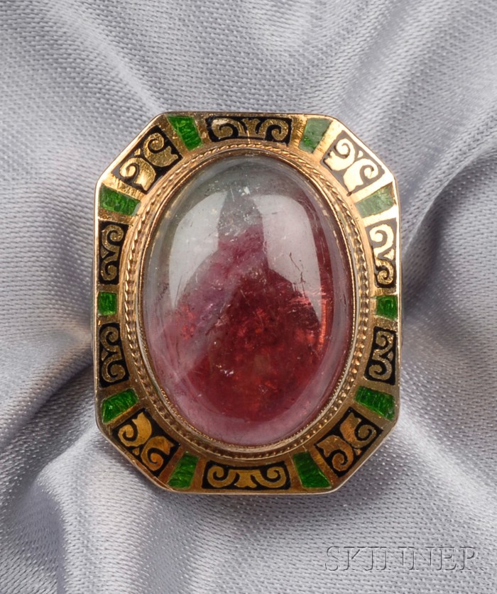 Appraisal: Art Deco Watermelon Tourmaline and Enamel Ring set with a