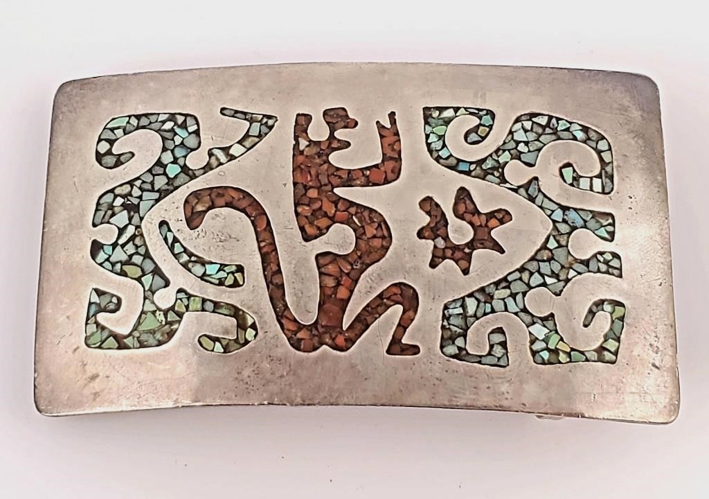 Appraisal: Sterling belt buckle that features inlaid turquoise chip and coral