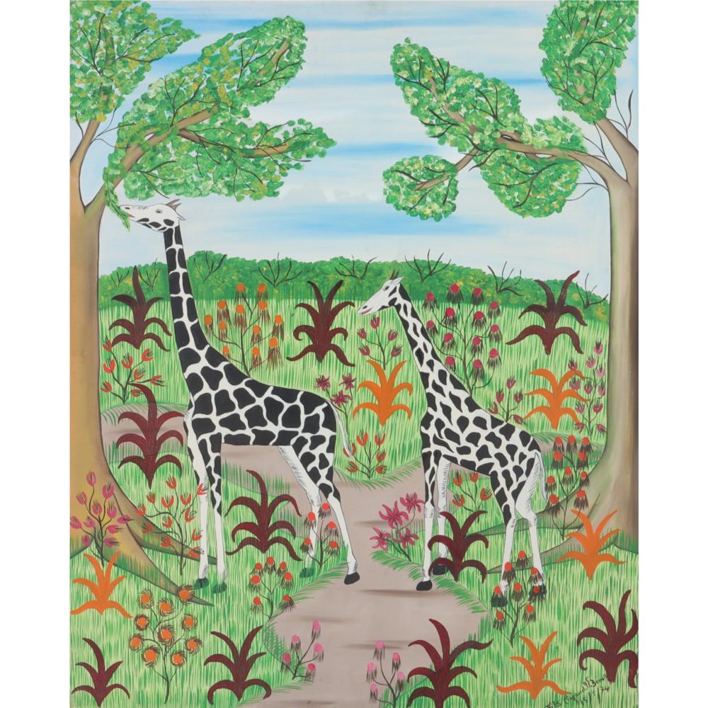 Appraisal: Rigaud Benoit Haiti - Giraffes ' oil on canvas signed