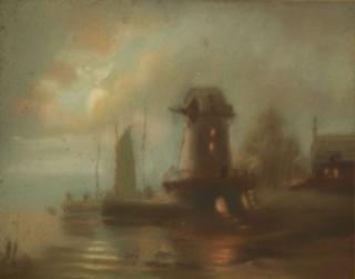 Appraisal: th c European pastel of boat and windmill in moonlight