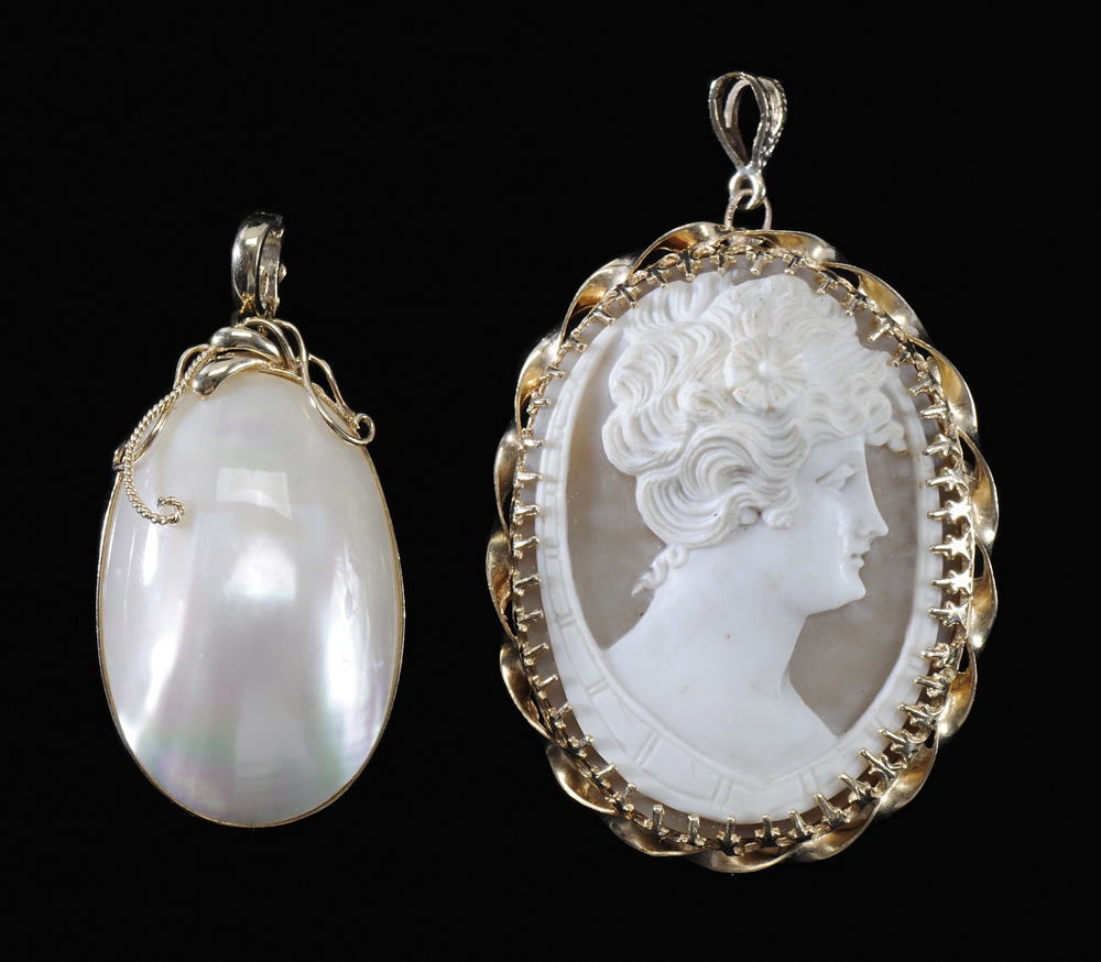 Appraisal: Cameo Brooch Mab Pearl Pendant oval cameo with kt yellow