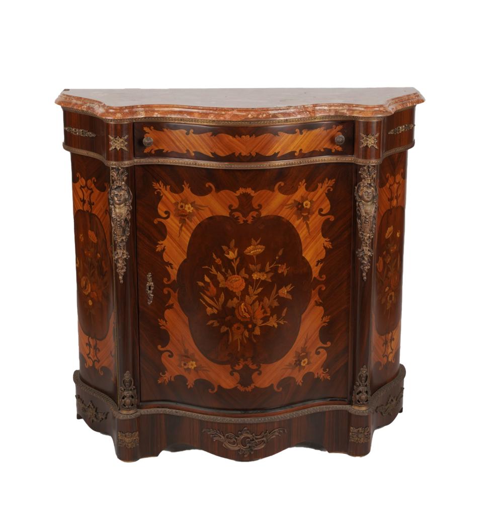 Appraisal: MARBLE-TOP MARQUETRY SIDE CABINETafter with gilt metal mounts the drawer