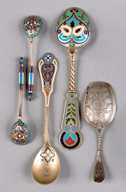 Appraisal: Two Russian silver gilt and champleve spoons ca together with