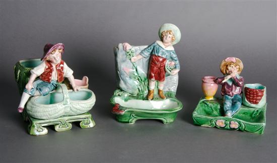 Appraisal: Three Majolica Figural Match Strikes Height of tallest inches