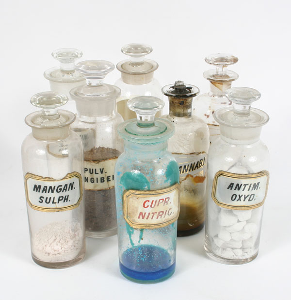 Appraisal: Lot of Pharmacy apothecary bottles with glass label and stoppers