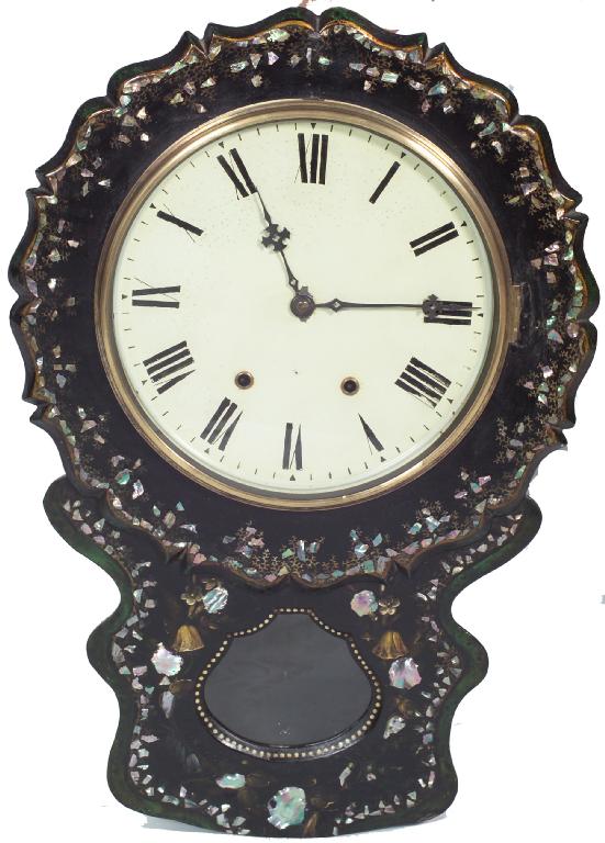 Appraisal: VICTORIAN PAPIER MACHE WALL CLOCK the drop dial case profusely