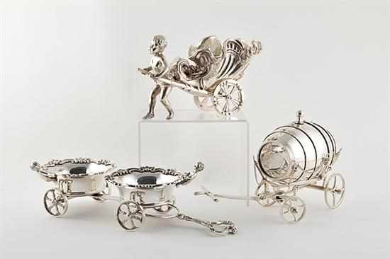 Appraisal: Silverplate centerpiece wine trolley and brandy barrel Rococo style centerpiece