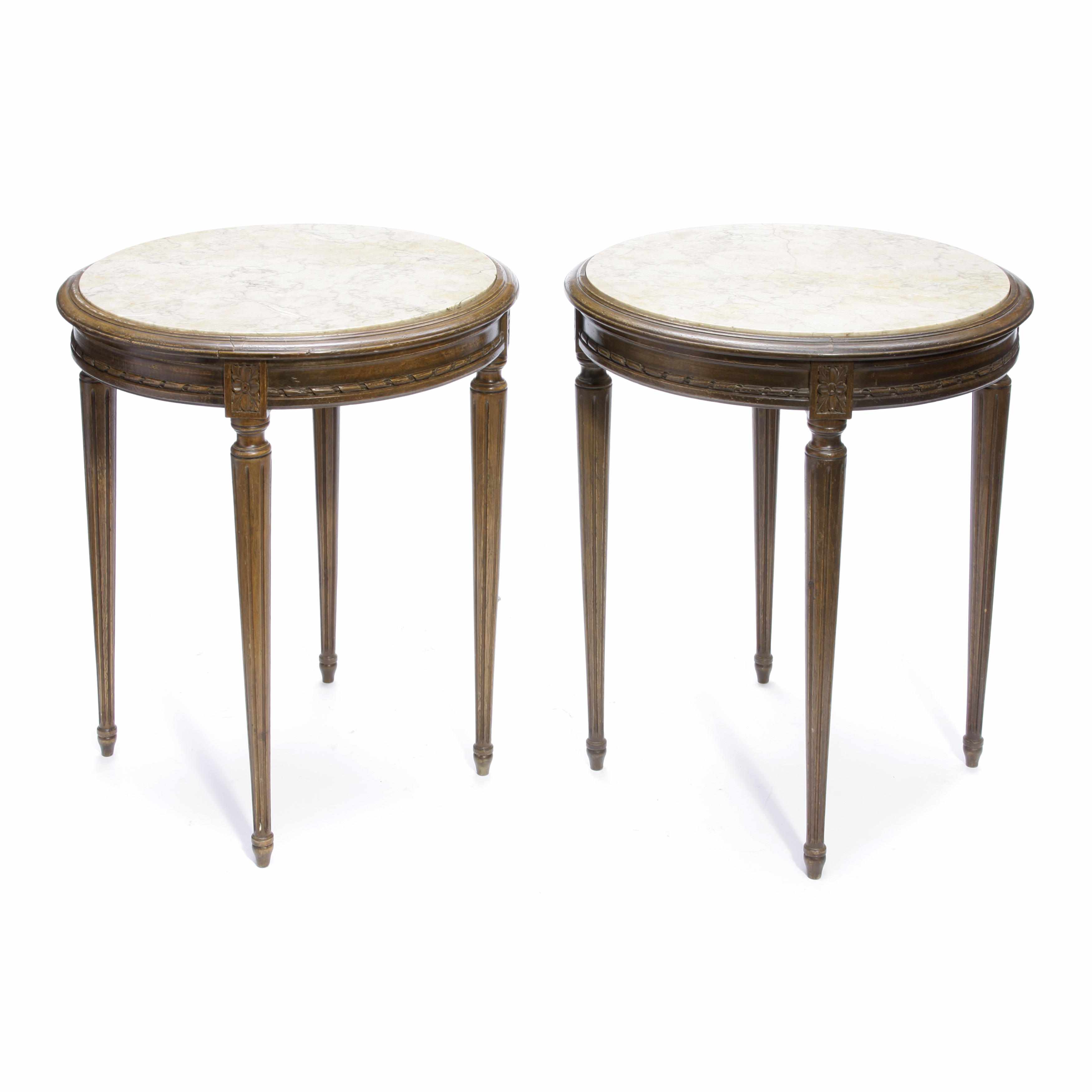 Appraisal: A pair of Louis XVI style beechwood and marble guridons