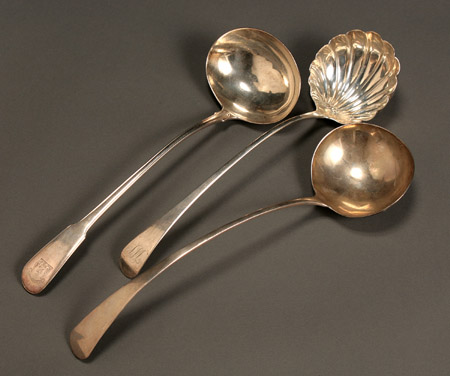 Appraisal: Three George III Silver Soup Ladles The first George Lambe