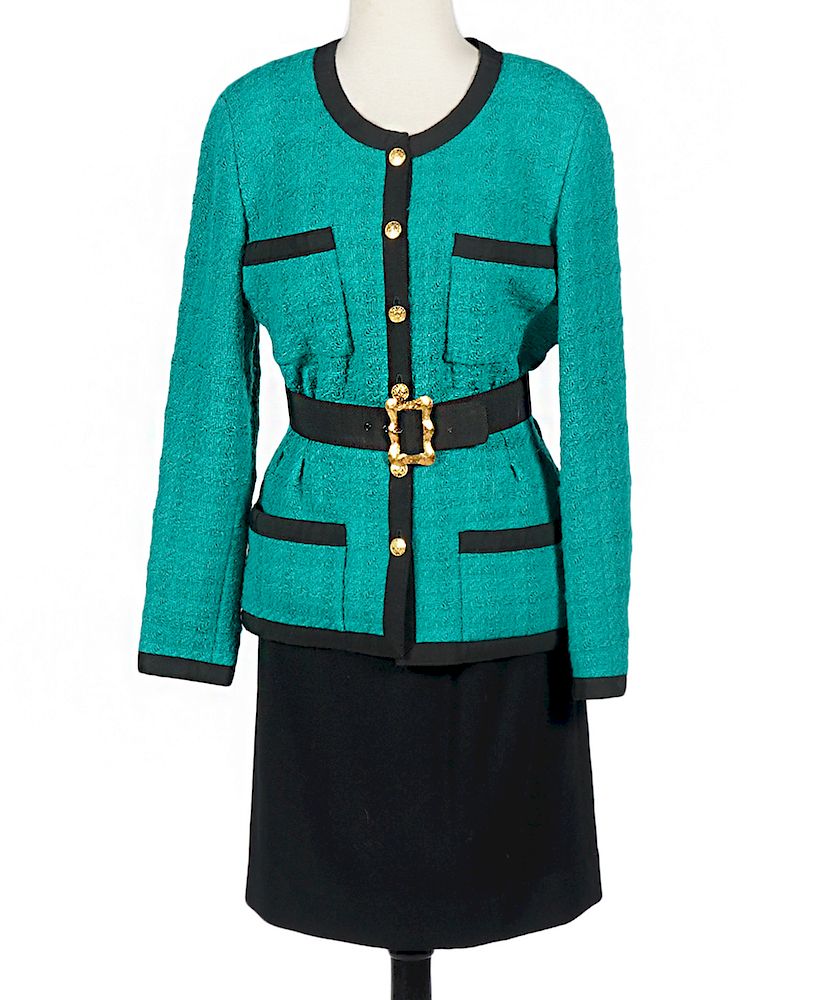 Appraisal: Chanel Emerald Green Black Skirt Suit Size Chanel Emerald Green