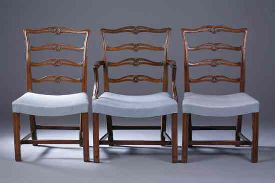 Appraisal: SET EIGHT AMERICAN CHIPPENDALE WALNUT LADDER-BACK DINING CHAIRS Late th