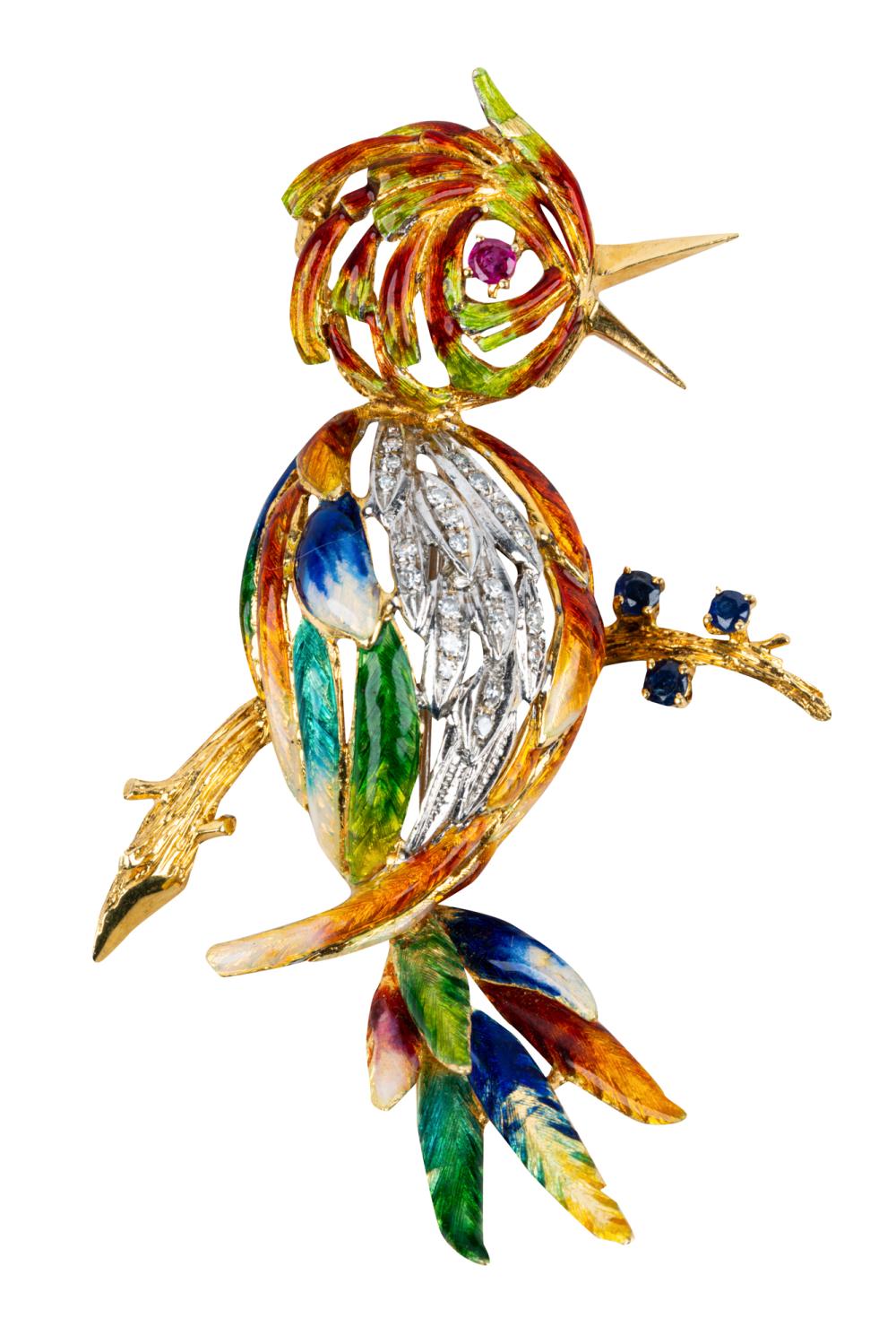 Appraisal: KARAT YELLOW GOLD RUBY SAPPHIRE ENAMEL PARROT BROOCHcontaining one round