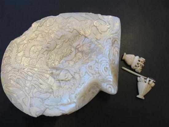 Appraisal: CHINESE CARVED ABALONE SHELL AND IVORY CARVINGS FAULTS