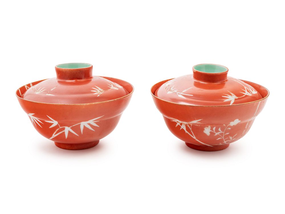 Appraisal: A Pair of Chinese Coral Red Ground Porcelain 'Bamboo' Covered