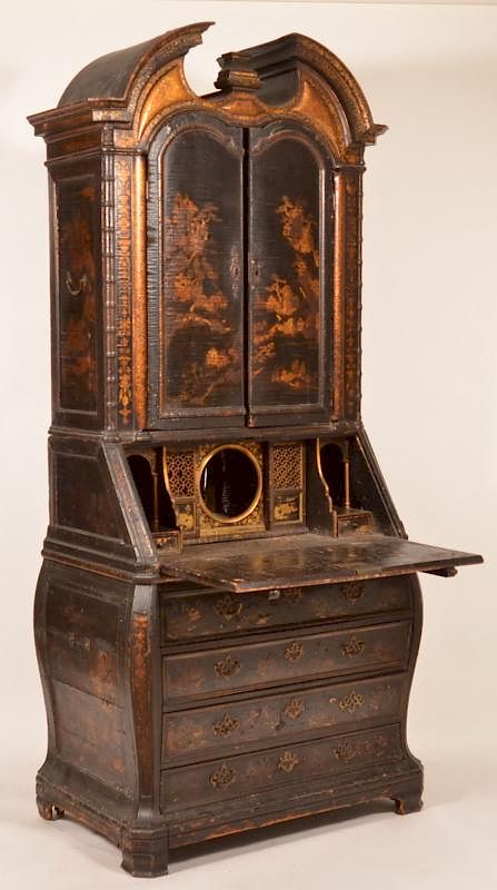 Appraisal: English th century Bombe Chinoiserie Black Lacquered Secretary Desk English