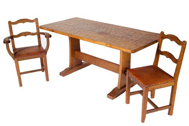 Appraisal: KINGPOST YORKSHIRE OAK REFECTORY TABLE AND SIX CHAIRS mid- th