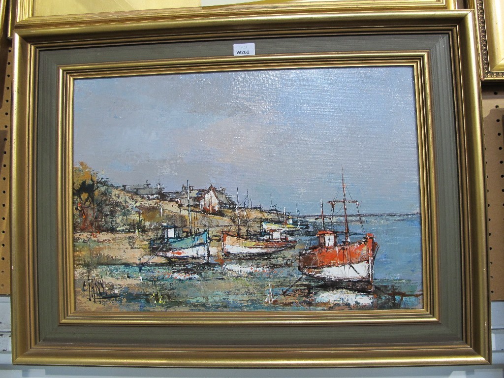 Appraisal: Oil on canvas of a fishing harbour signed lower left