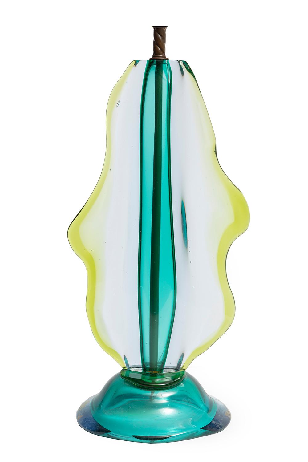 Appraisal: Murano Glass Table Lamp s blue green and clear flattened