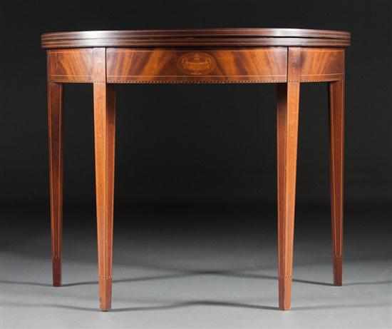 Appraisal: Federal style inlaid mahogany demilune flip-top games table first half-