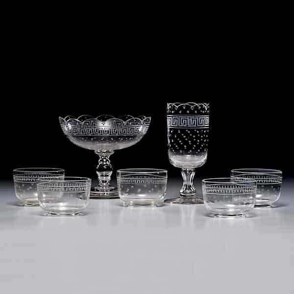 Appraisal: Blown and Etched Glass American A seven-piece group of blown