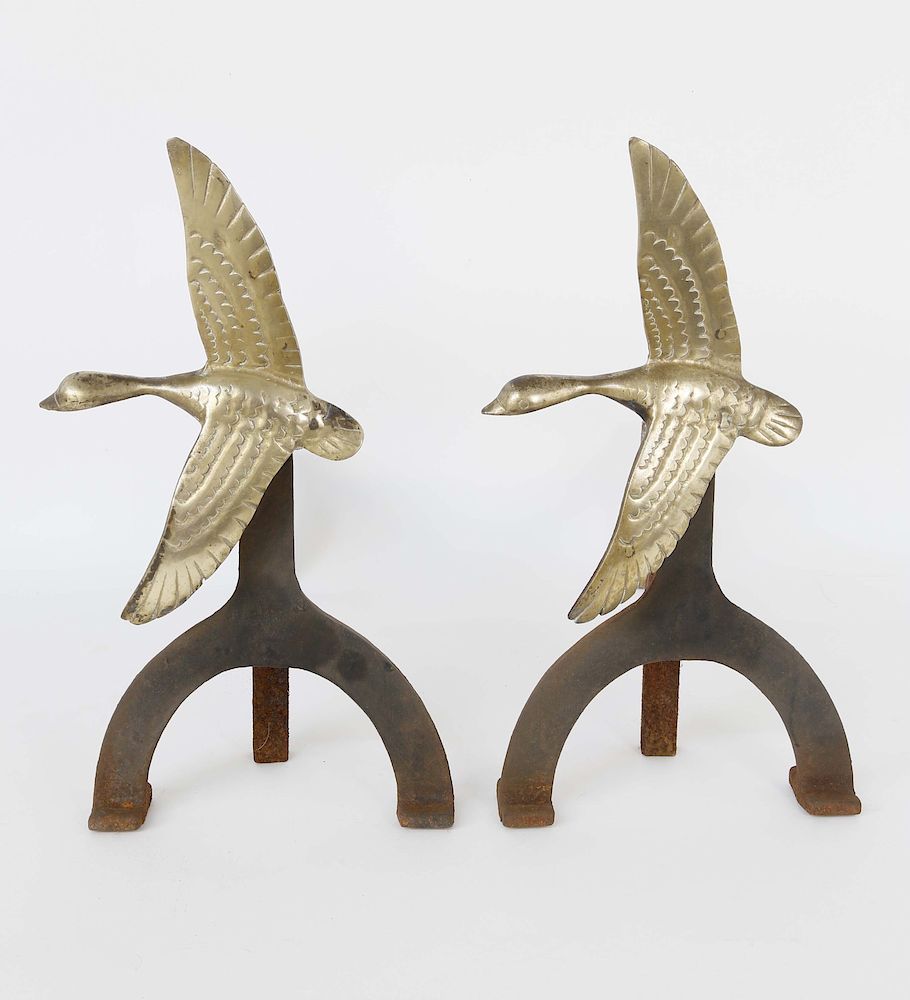 Appraisal: Pair of Cast Iron and Brass Flying Geese Andirons Pair