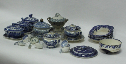 Appraisal: Three blue and white transfer printed sauce tureens covers and