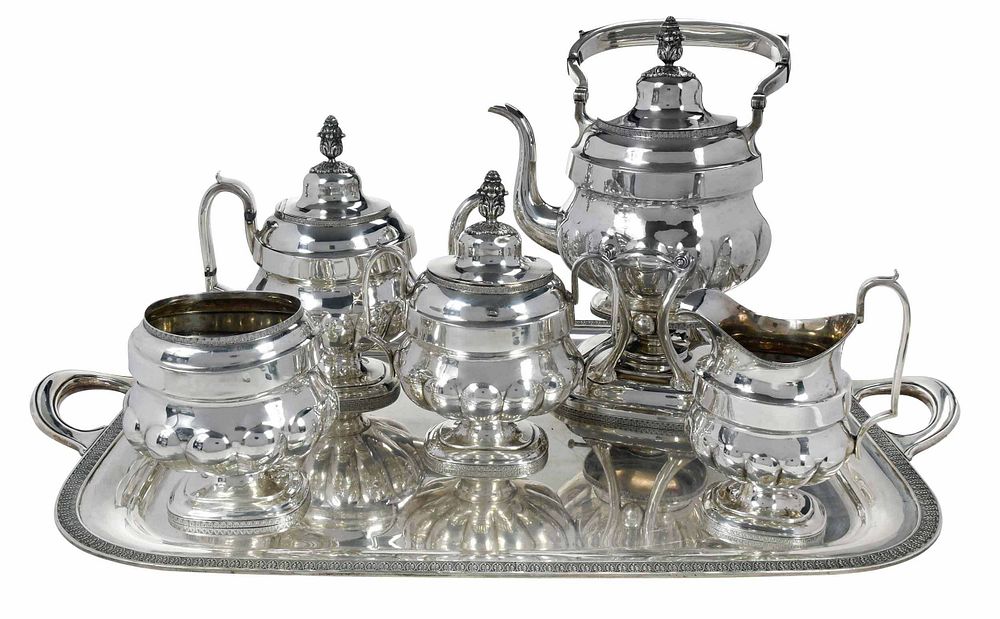 Appraisal: Five Piece American Coin Silver Tea Service Tray American early