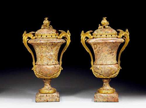 Appraisal: PAIR OF COVERED VASES WITH BRONZE MOUNTS late Louis XV