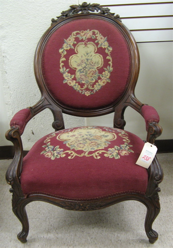 Appraisal: VICTORIAN STYLE NEEDLEPOINT ARMCHAIR American early th century Louis XV