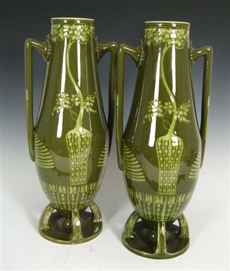 Appraisal: CONTINENTAL ART NOUVEAU PAIR OF TWIN-HANDLED VASES EARLY TH CENTURY