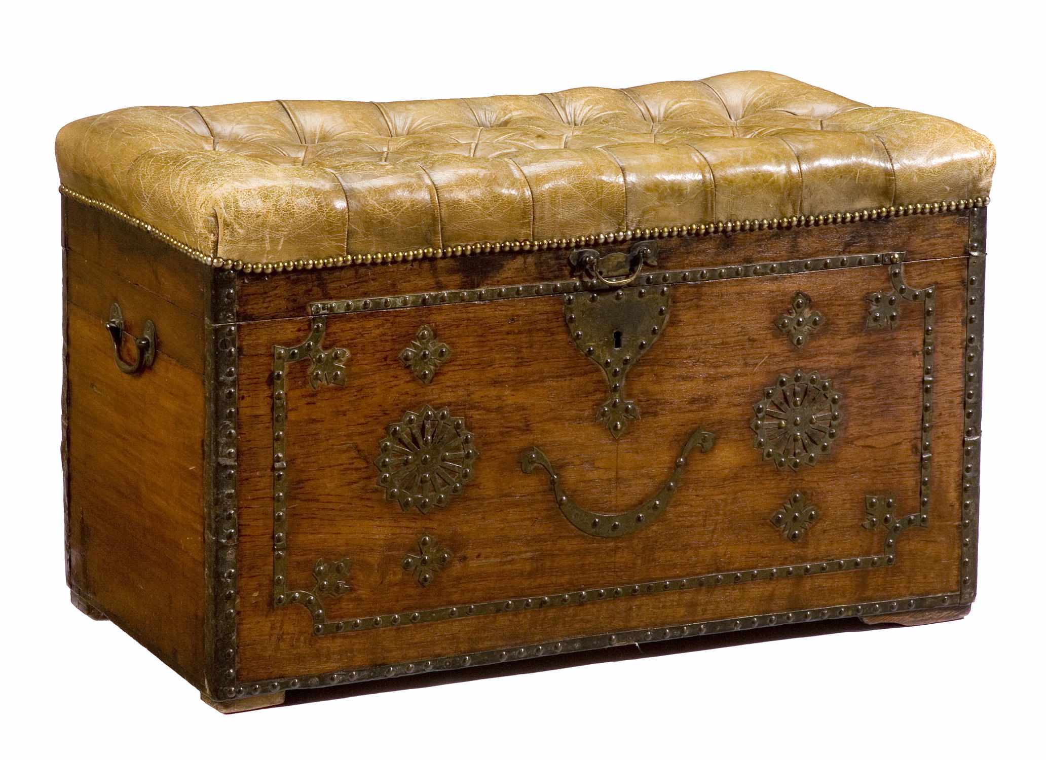 Appraisal: A Continental brass mounted hardwood trunk early th centurywith tufted