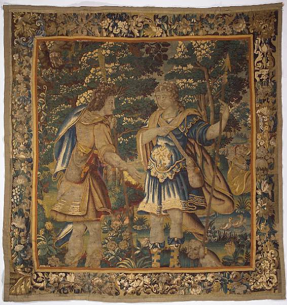 Appraisal: A Flemish Baroque historical tapestry fragment late th century Depicting