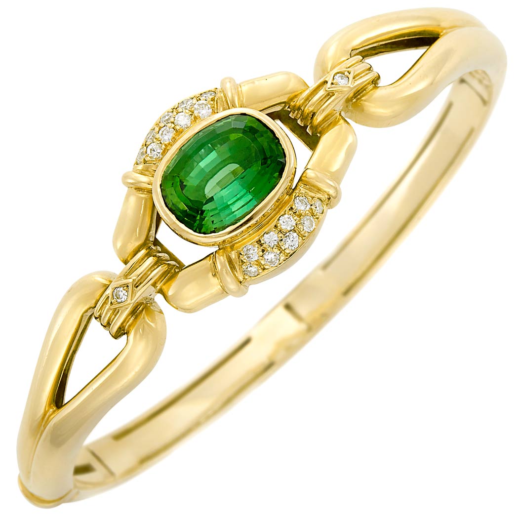 Appraisal: Gold Tourmaline and Diamond Bangle Bracelet kt one cushion-shaped green