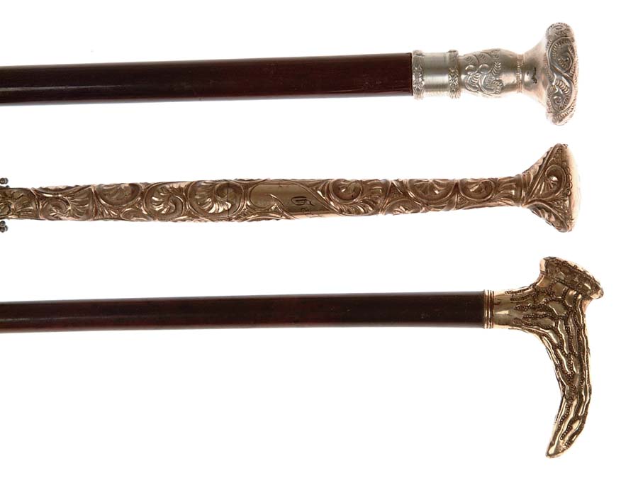 Appraisal: LOT OF TWO WALKING STICKS AN UMBRELLA Fine gold headed