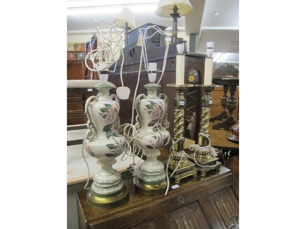 Appraisal: Pair of ceramics table lamps and a pair of candl