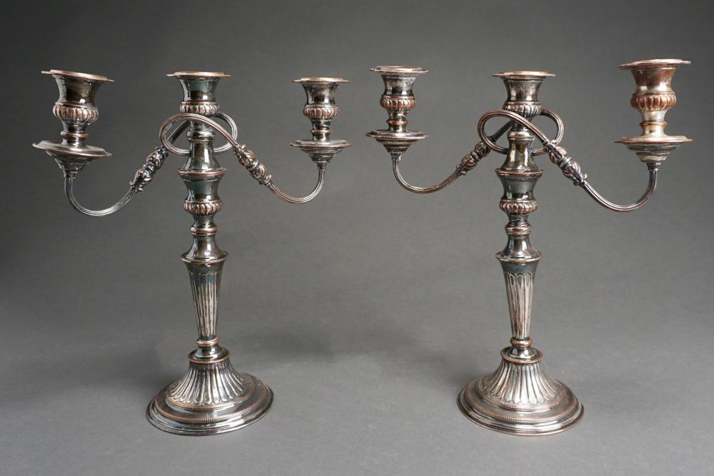 Appraisal: Pair of Sheffield Silver Plated Convertible Three-Light Candelabra H in