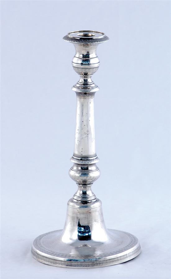 Appraisal: Continental silver candlestick late th century balustrade shaped with engine-turned