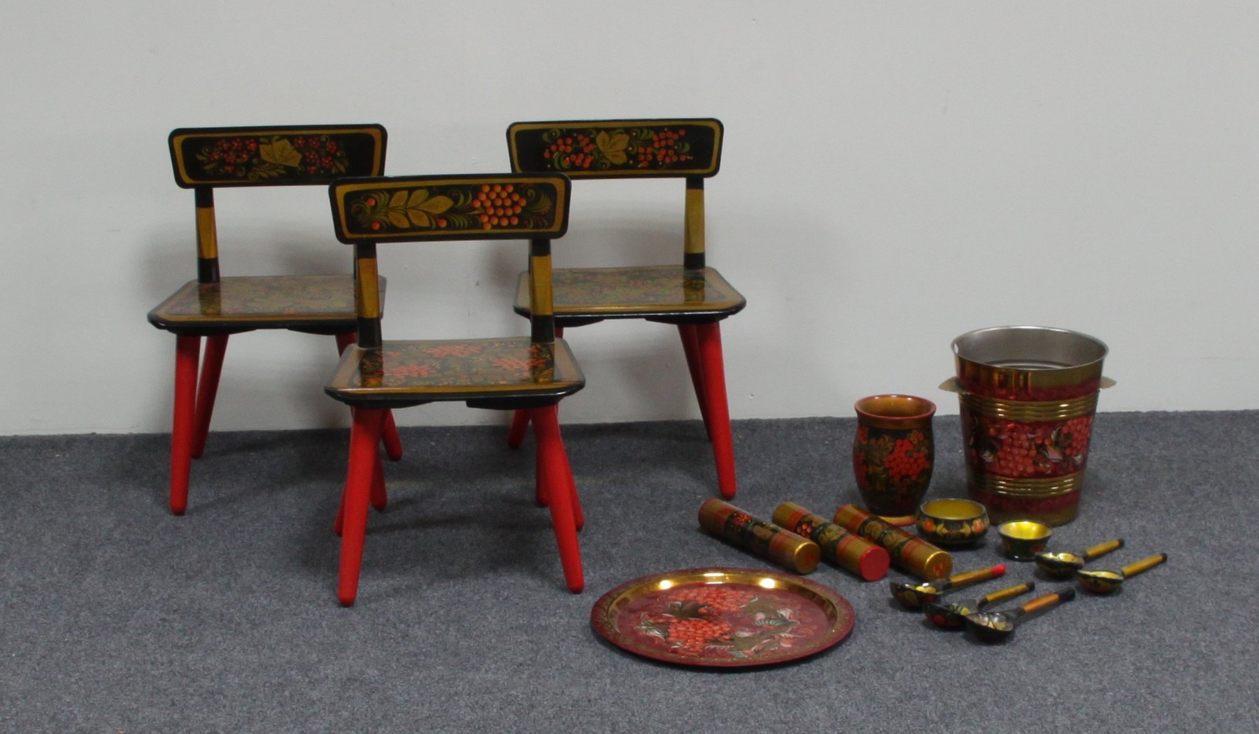 Appraisal: Three Russian children's chairs and various Russian boxes etc