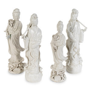 Appraisal: Four Chinese Blanc-de-Chine Porcelain Figures th Century comprising a pair