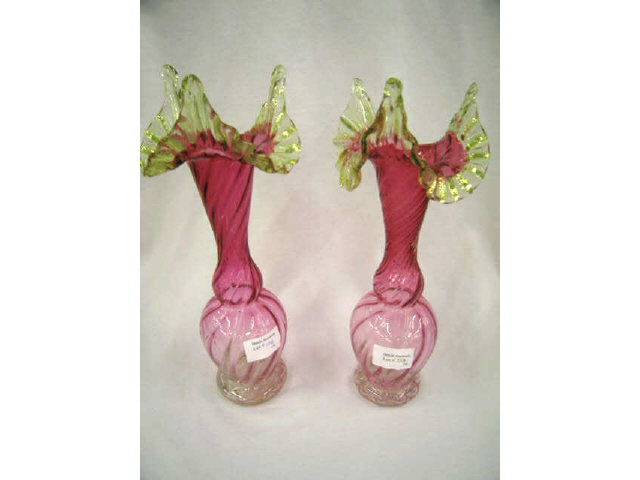 Appraisal: Pair of Victorian Cranberry Art Glass Vases vaseline ruffle trim