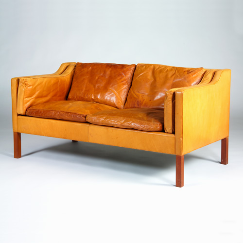 Appraisal: BORGE MOGENSEN FREDERICA STOLEFABRIK Settee with tan leather upholstery on