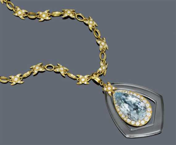 Appraisal: AQUAMARINE ROCK CRYSTAL AND DIAMOND NECKLACE ca Yellow gold Fancy