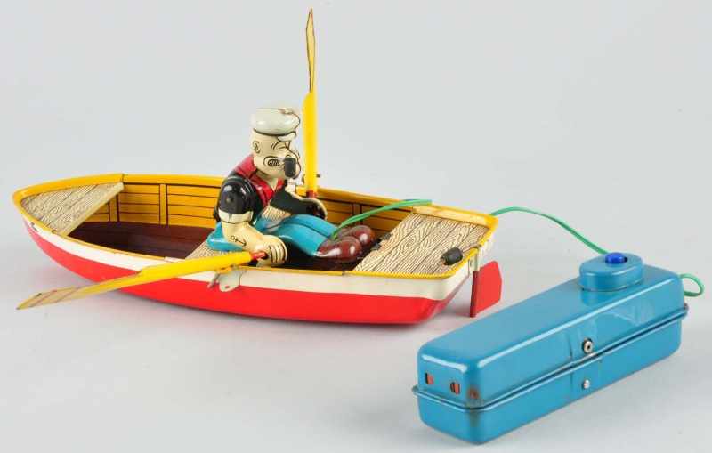 Appraisal: Tin Linemar Popeye in Rowboat Battery-Op Toy Description Japanese Working