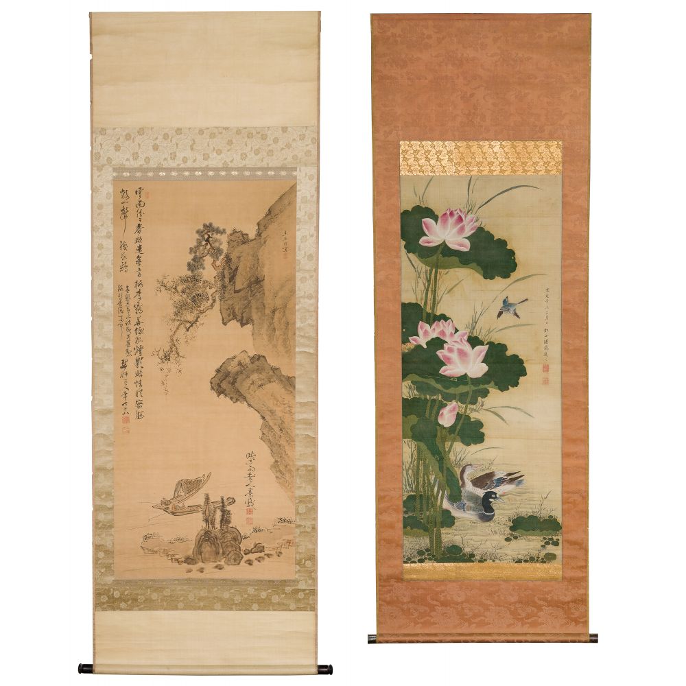 Appraisal: CHINESE SCROLL PAINTINGS ON SILK items with the larger depicting