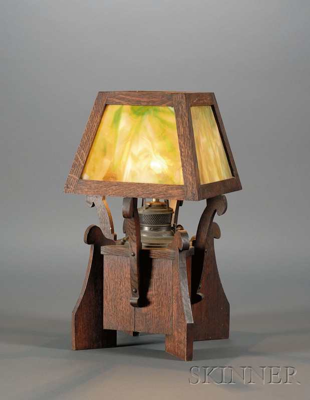 Appraisal: Arts Crafts Table Lamp Oak and slag glass United States