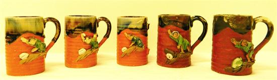 Appraisal: Five Japanese Sumidagawa mugs with applied figural decoration some wear