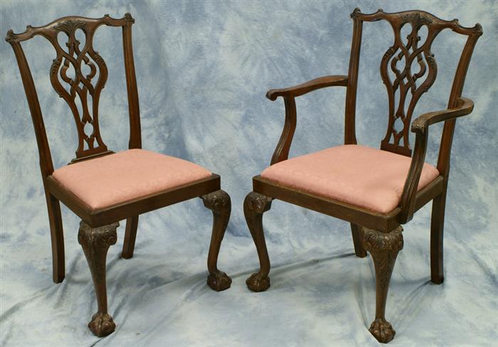 Appraisal: carved mahogany Chippendale style DR chairs with arms Estimate -